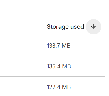 Showing the proper direction of the storage used arrow in order to sort by file size from largest to smallest